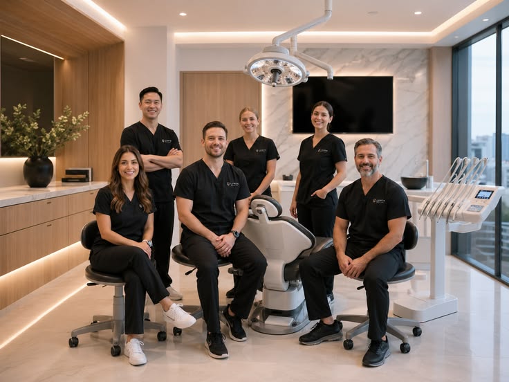 Equipo profesional reunido en una clínica dental moderna
