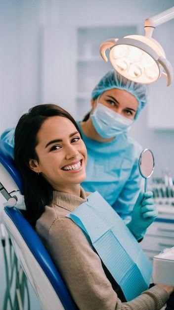 Paciente sonriente acompañada por una profesional dental